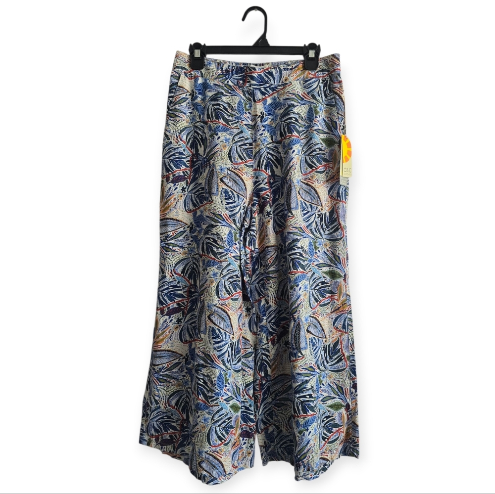 100% Linen Floral‎ Print Women's Wide Leg Pants Size L